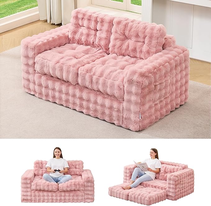 Hobestluk Sofa Couch Loveseat Sofa with Bubble Fabric 2-Seater Sofa for Small Spaces Comfortable Foam Floor Sofa 2 in 1 Boneless Couch for Living Room Bedroom Apartment or Office (Pink, Loveseat)