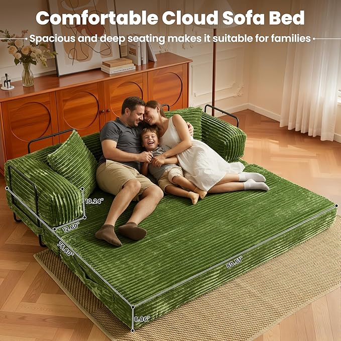 ovios 81" Folding Sofa Bed, Foldable Sleeper Boneless Couch with Pull Out Beds, Modular Convertible Floor Futon Loveseat Lounger for Living Room (Faux Fur, Green)