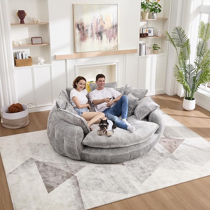 81" Oversized Bean Bag Chair Boneless Round Chaise Lounge Comfy Chenille Reading Chair Fluffy Plush Sofa Bed Large Deep Seat Circle Cloud Couch for Living Room, Bedroom, Apartment, Light Gray
