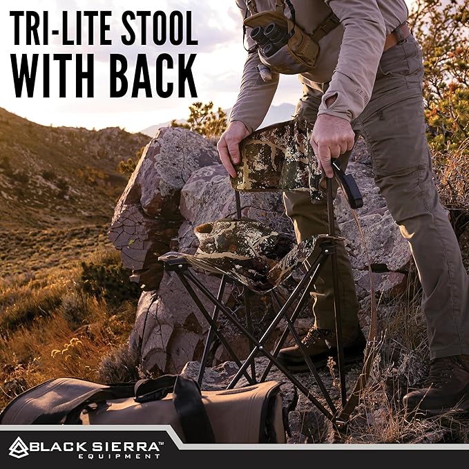 Black Sierra Tri-Lite Stool w/Back, Lightweight Portable Fishing Chair w/Cupholder and Carry Strap, Supports 225-Lb, Portable Outdoor Chair for Hunting, Camping, Travel, Hiking