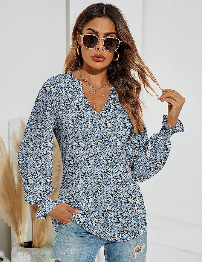 Romanstii Women's Casual V-Neck T-Shirts Loose Puff Long Sleeve Tops Tunic Blouses