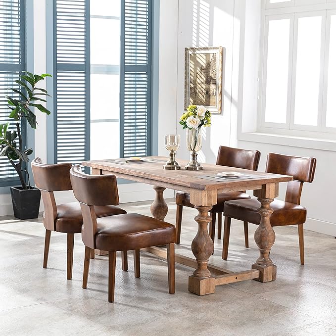 RIVOVA Mid Century Modern Dining Chairs Set of 6 PU Leather Upholstered Side Chairs, Modern Kitchen Armless Parson Chairs Solid Wood Dining Chairs, Brown