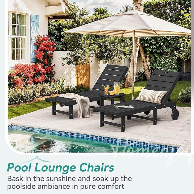 Outdoor Chaise Lounge Chairs with Table, 2-Piece, 26.8” Super Wide Lounge Chair Outdoor, HDPS Pool Chairs with 5 Positions, Patio Lounge Chair with Wheels for Pool,Lawn,Backyard, Black
