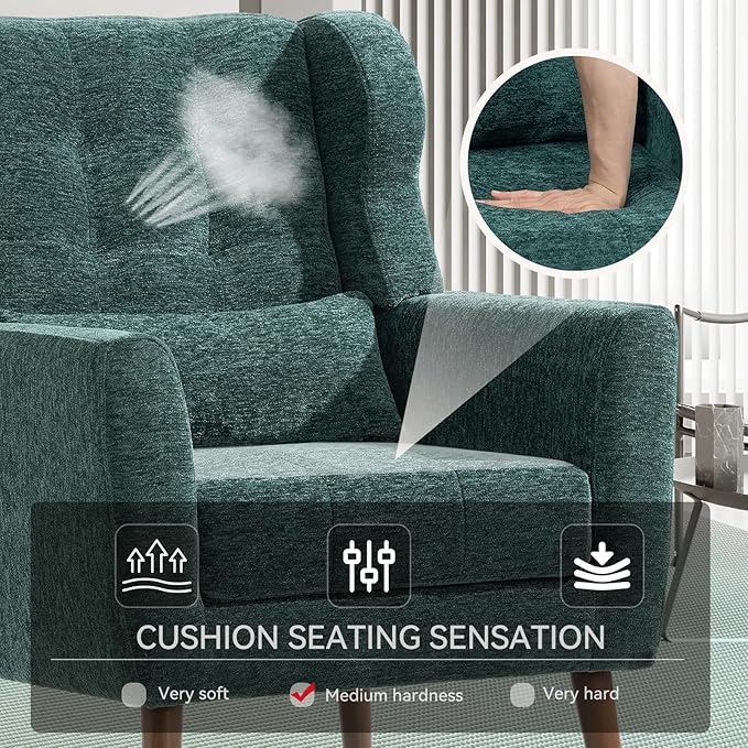 QKFF Modern Accent Chair, Upholstered Armchair with Pillow, Fabric Single Sofa Chair with Lounge Seat and Wood Legs Accent Chair for Living Room Bedroom Small Spaces (Blackish Green, Set of 2)