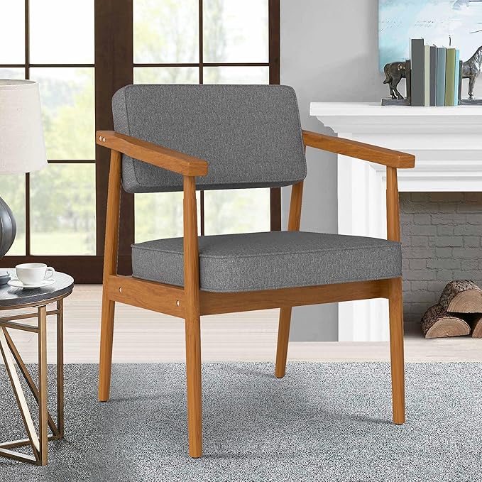 LSSPAID Mid Century Dining Chair Set of 1, Grey Fabric Upholstered with Walnut Finished Handrails Comfy Backrest, Farmhouse Dining Room Chairs for Kitchen, Living Space & Restaurant