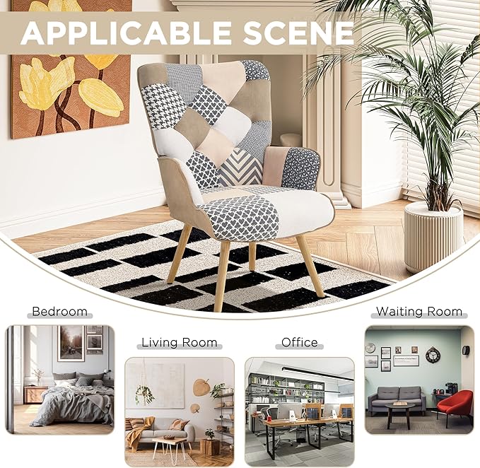 Accent Chair, Living Room Chair, Modern High Back Armchair, Colorful Patchwork Reading Chairs for Bedroom, Lounge Chair with Linen Fabric Shell and Solid Wood Feets (1, Gray)
