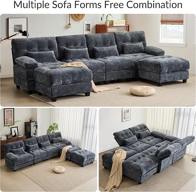 GRAINLLE 119'' Modular Sectional Cloud Couch with 2 Ottoman,Deep Seat Sleeper Sofa U Shaped Sectional Couch,Convertible Upholstered Comfy Chenille Sectional Sofa for Living Room,Bedroom(Blue)