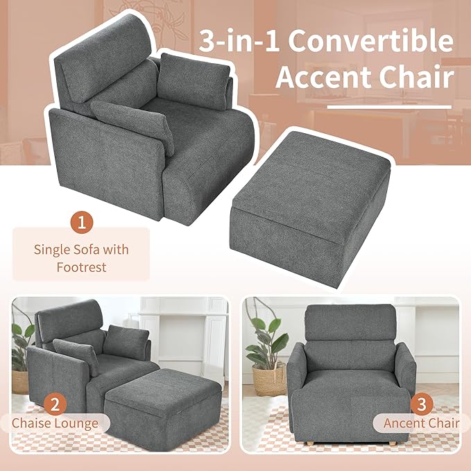 Snowflake Fleece Oversized Accent Chair with Storage Ottoman - 26.57" Wide Deep Seat Reading Chair, Convertible Daybed, 400lbs Capacity for Living Room & Apartment (Grey)