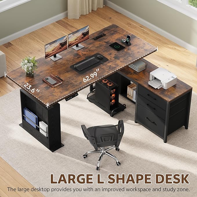 63" L Shaped Standing Desk with 3 Drawers Electric Adjustable Height Desk Corner Standing Desk with Storage Computer Game Desk with Power Outlets Computer Tower Stand for Home Office, Brown
