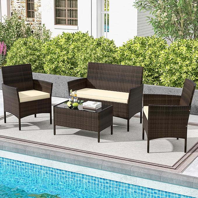 HAPPYGRILL 4 Pieces Outdoor Rattan Conversation Set, Patio Wicker Furniture Set with Loveseat Chairs & Tempered Glass Coffee Table, Outside Sectional Sofa Set for Backyard, Garden & Poolside