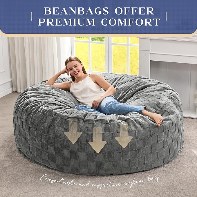 Hobestluk Bean Bag Chairs Beanbag Chair with Filler Adult Bean Bags with Fluffy Cover, Giant Bean Bag Chairs for Aduts for Living Room, Bedroom (Grey, 6FT - 70" x 70" x 15")