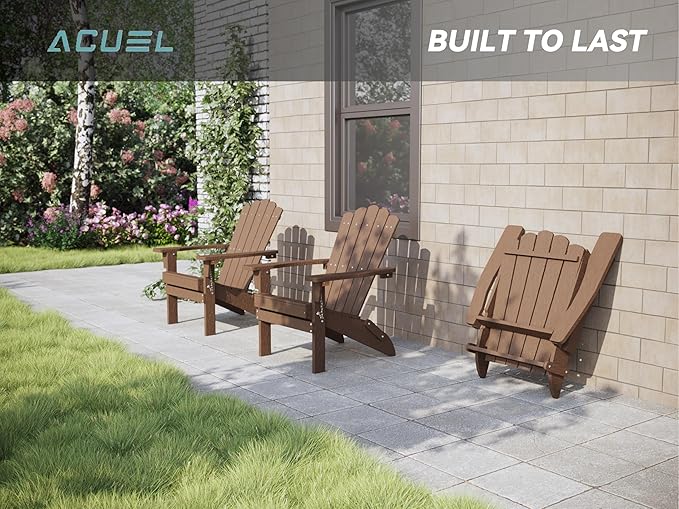 Adirondack Chairs, Folding Chairs Set of 4, Heavy Duty Weather-Resistant Patio Chairs with Wide Armrests & Ergonomic High Back, HDPE Fire Pit Seating for Backyard, Garden, Porch (Brown)