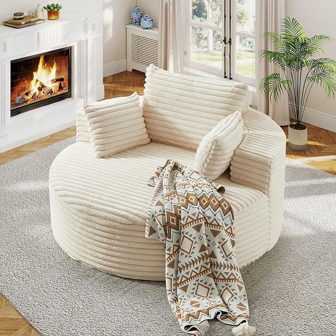 55"W Oversized Round Chair Lounge Chaise Indoor, Upholstered Comfy Circle Sofa Armchair, Modern Cozy Boneless Foam Floor Reading Chair for Living Room, Bedroom, No Assembly Required(Corduroy, Beige)