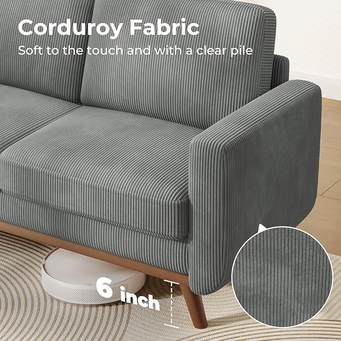 Vesgantti 68" Loveseat Sofa Dark Gray, Comfy Corduroy Couch with Spring Cushion and Solid Wood, Modern Extra Deep Seat for Bedroom, Living Room, Office