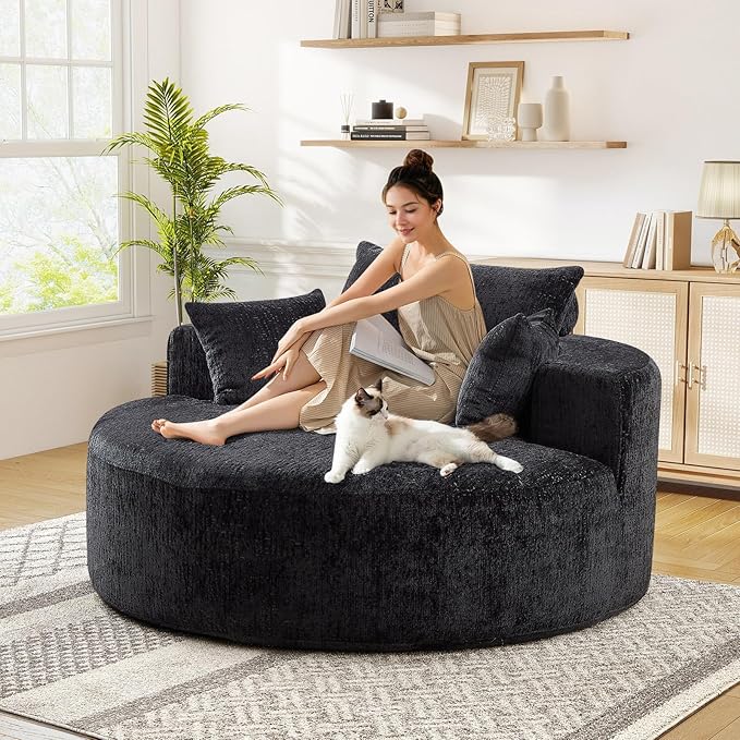 JEEOHEY Modern Round Accent Sofa Chair for Living Room, Upholstered Chenille Barrel Lounge Arm Chair with Large seat&Throw Pillows for Bedroom, Office, Apartment, Black