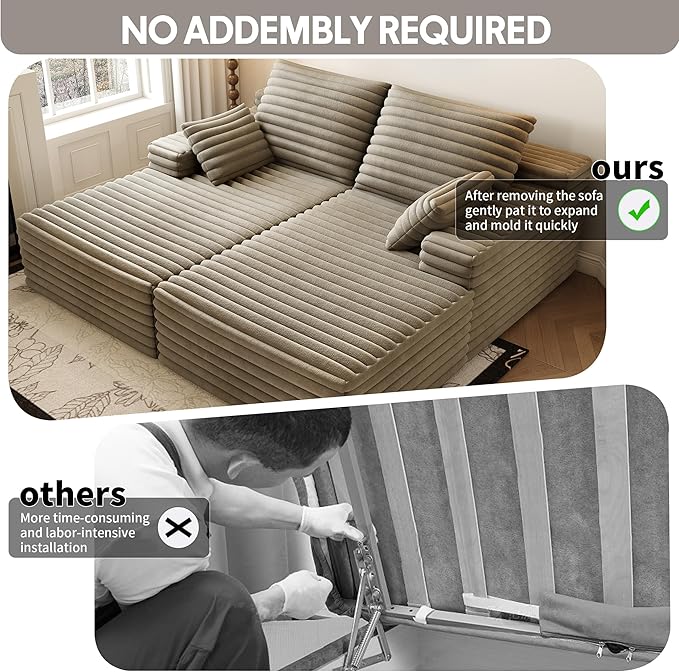 80” Oversized Double Lounge Chaise,Cloud Plush Sofa Bed,Upholstered Boneless Cloud Sofa Deep Seat,No Assembly Required,Modern Corduroy Sleeper Loveseat Chair for Living Room Bedroom Reading,Camel