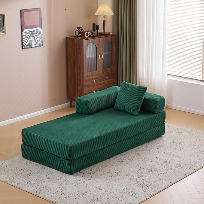 77" Convertible Foldable Floor Couch, 3-Seat Futon Sleeper Sofa for Living Room, Bedroom, or Apartment, with Pillow Backrest and Armrests, Corduroy Fabric, No Assembly Required, Dark Green