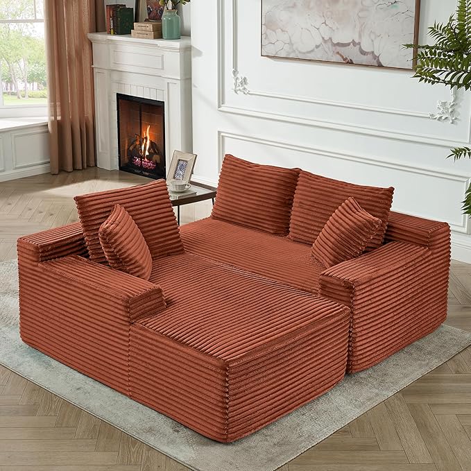 HYJT-H&K Modular Sectional Sofa Cloud Sectional Couch, 95" Comfy Fluffy L Shaped Orange Couches for Living Room, Deep Seat Memory Foam Plush Corduroy Boneless Couch Sectionals Left Facing Chaise Sofa