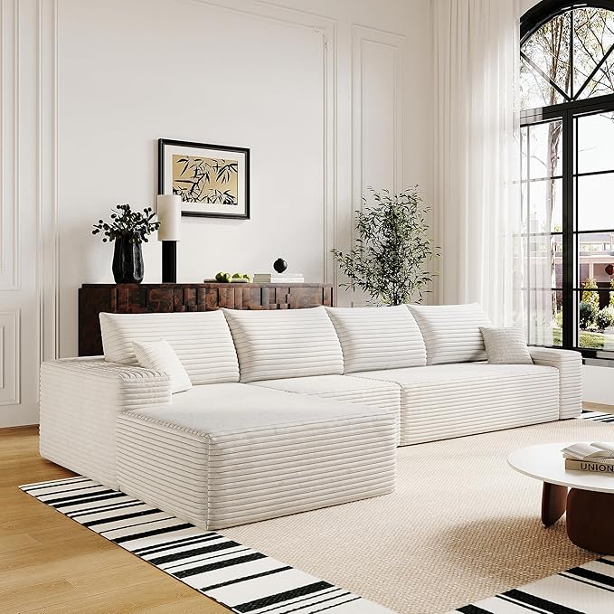 AUGOP 136" Sectional Couches for Living Room Modern Modular Sofa with L-Shape Couchs Upholstered Boneless Couch Deep Seat Sectional Couch with Chaise (White, Left Facing Chaise+3Seaters)