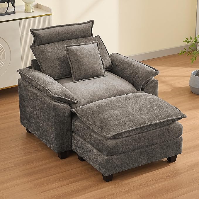 46''Cloud Oversized Sofa Chair with Detachable Headrest, Upholstered Comfy Arm Accent Chair with Ottoman,Modern Chenille Reading Lounge Armchair for Living Room,Bedroom, Brown