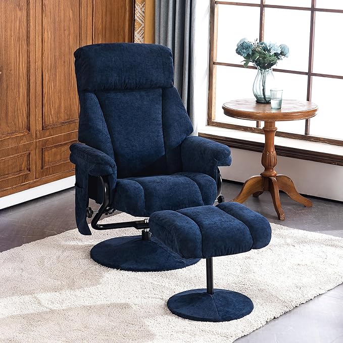 MCombo Swivel Recliner with Ottoman, TV Chair with Vibration Massage, Ideal for RV Small Space, Living Room & Bedroom 4828 (Textile, Blue)