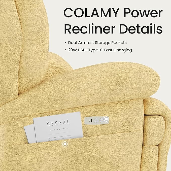 COLAMY Floren Power Swivel Recliner Chair with USB & Type-c Charge,Oversized and Padded Upholstered Deep Seat and Armrest，Rocking Recliner with Double Storage Pockets,Yellow