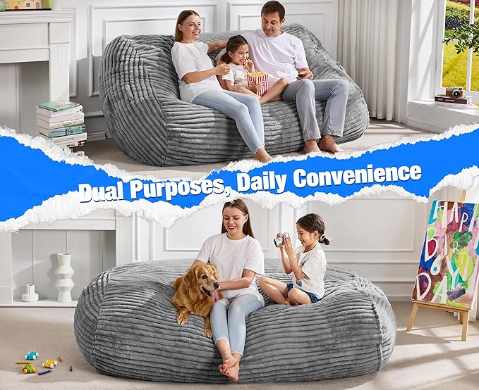 Hobestluk 6FT Bean Bag Chairs Adult Bean Bag with Portable Handle Comfy Large Bean Bag Lounge Chair with Removable Cover for Living Room Bedroom (Stripe Grey, 6FT)