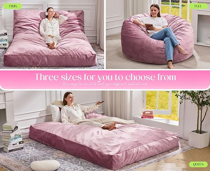 Hobestluk Giant Bean Bag Chair Bed for Adults, Large Bean Bags with High-Density Foam Filling, Convertible Big Sofa Bed Couch for Living Room, Bedroom, Playroom (Pink, Full)