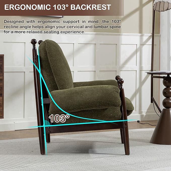 AQO Mid Century Modern Accent Chair with Arms, Upholstered Spindle Chair with Wood Frame, High-Resilience Sponge Cushion for Living Room Bedroom Office