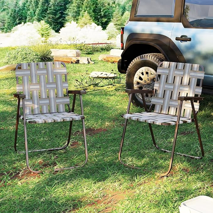 GYMAX Lawn Chair Folding, Webbed Beach Lounge Chairs Set with Highback, Outdoor Portable Lightweight Camping Dinning Chair for Patio, Lawn, Poolside, Sports, Garden, Backyard (2,Coffee)