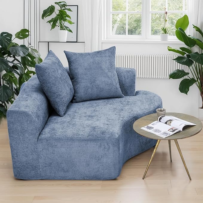 L Shaped Single Sofa, Modern Comfy Chenille Fabric Loveseat Couch, No Assembly Required Small Couch with Deep Seat, 2 Pillows for Living Room, Apartment, Bedroom