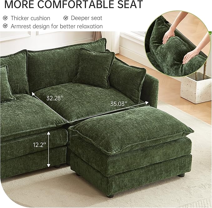 saows Modular Sectional Sofa, 147.2 Inch U Shaped Couch Set with Armrests, 4-Seater Comfy Cloud Couches with Movable Ottoman for Living Room Apartment, Green