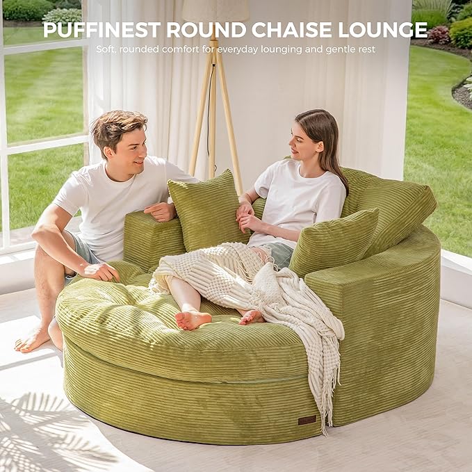 MAXYOYO Oversized Round Chaise Lounge Sofa, Upholstered Lounge Chair with 3 Pillows, Boneless Sofa Couch with Ottoman, Deep Seat Sleeper Chair for Living Room, Bedroom, No Assembly, Green