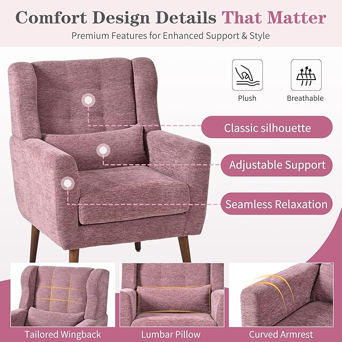 QKFF Modern Accent Chair, Upholstered Armchair with Pillow, Fabric Single Sofa Chair with Lounge Seat Solid Wood Legs Accent Chair for Living Room Bedroom Small Spaces (Purple)