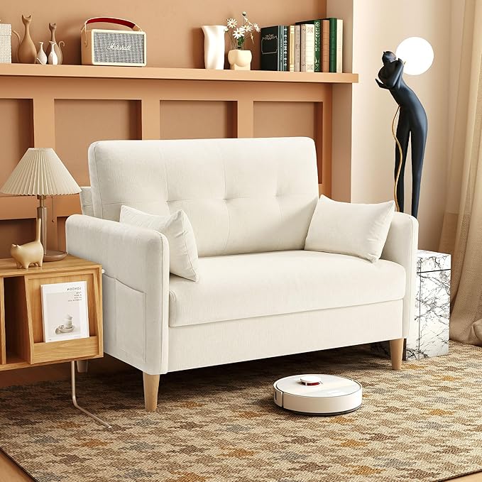47" Small Sofa Couch, Soft Chenille loveseat Mini Couch with Throw Pillow and Removable Cushion Cover for Small Spaces, Bedroom, Apartment, Dorm, Office, Living Room(Beige)