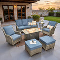 ovios 7 Pieces Patio Furniture Set, Outdoor Wicker Sofa Couch with Swivel Chairs 42" Fire Pit Table, High Back Modern All Weather Conversation Sets, Grey Rattan, Denim Blue