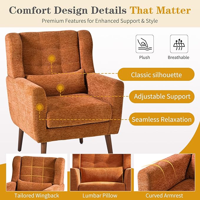 QKFF Accent Chair Set of 2, Upholstered Armchair with Pillow, Fabric Single Sofa Chair with Lounge Seat and Wood Legs Accent Chair for Living Room Small Spaces (Orange, Set of 2)