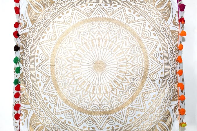 CRAFT KALA Gold Large Hippie Mandala Meditation Floor Ottoman Pillow Cushion Pouf Cover Square Poufs Bohemian Circle Floor Cushion Case Outdoor Fireplace Yoga Living Room Decor Cover 18" Square