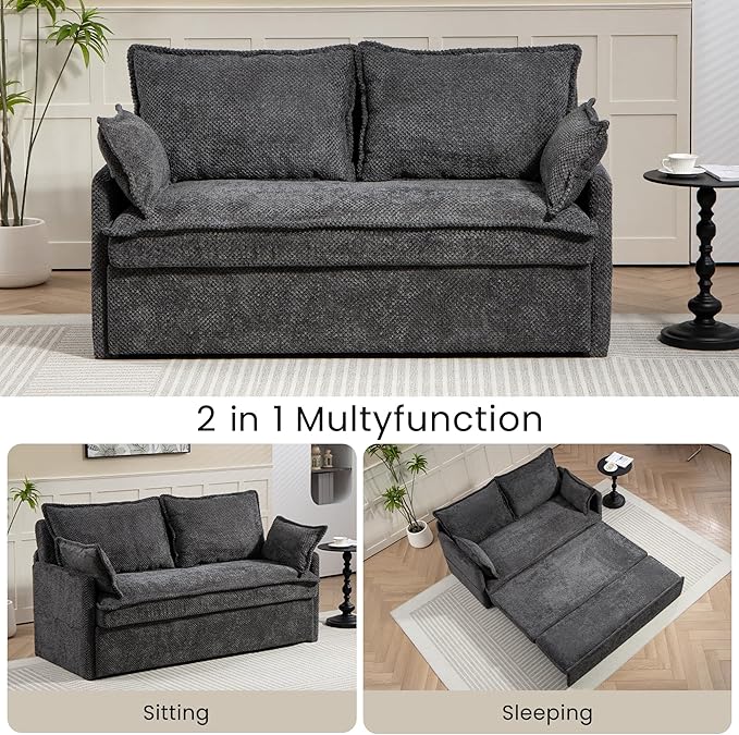 GRAINLLE Pull Out Couch,Loveseat Convertible Sleeper Sofa Bed with USB,Pull Out Sofa Bed Side Storage,2 Pillows,Corduroy Sleeper Couch for Living Room,Bedroom,Apartment,Pet-Friendly(Grey, 59.5'')