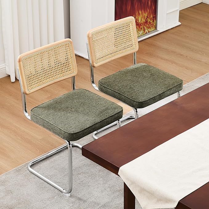 Zesthouse Natural Rattan Dining Chairs Set of 2, Mid Century Modern Dining Chairs with Solid Wood Back & Chrome Base, for Kitchen Living Room, Breuer Design Inspired, Upholstered Linen Fabric, Green
