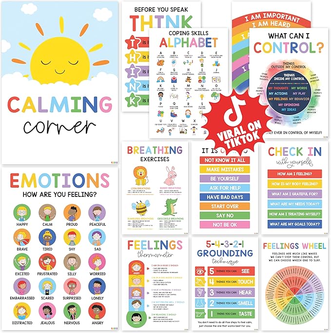 BEAWART 12 Calming Corner Classroom Posters (10x14) - Feelings Wheel Chart & Emotions Poster For Kids, Calm Down Corner Supplies For Therapy Office Decor, Mental Health Wall Decorations For Preschool