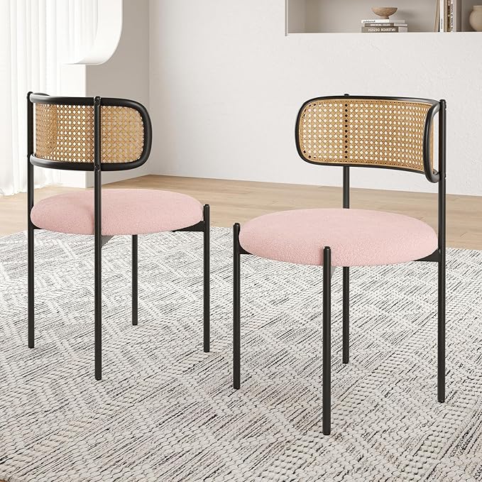 Farini Modern Upholstered Dining Chairs Set of 4,Rattan Back Dining Room Chairs,Accent Kitchen Chairs with Metal Legs,Pink