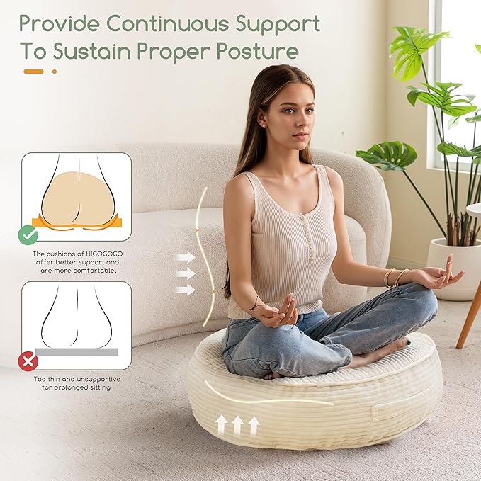 6" Washable Floor Pillow Cushion for Adults, Meditation Cushion Pillow, Large Round Floor Sitting, Removable Tufted Corduroy Cover, for Tatami Living Room or Yoga, 22x22 Inch, 2Pack, Machine Washable