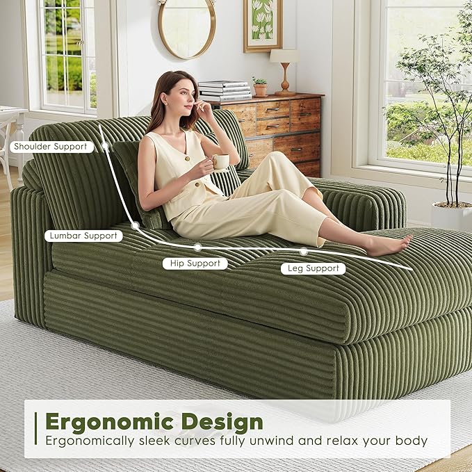 Oversized Chaise Lounge Sofa Chair Indoor，Soft Corduroy Fabric, Boneless sofawith Cushion，A Comfortable, deep-Seated Cloud Sofa for use in The Living Room.(Singler-Right-arm-Green)