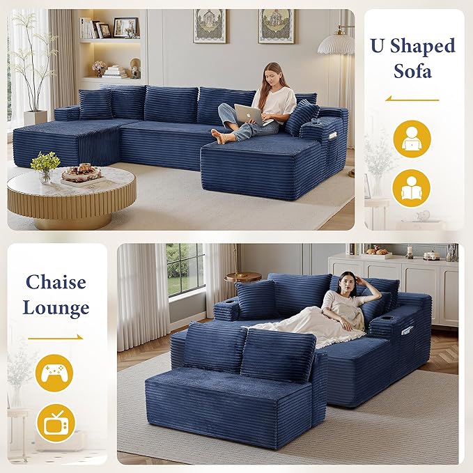 133" Sectional Couches for Living Room Cloud Couch Sofa with L-Shape Upholstered Boneless Couchs Modern Modular Sectional Couch with Chaise (Bule, 133" W+U Facing Chaise)