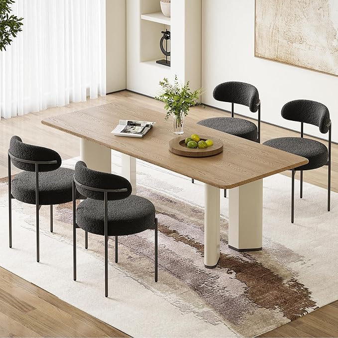 Farini Dining Chairs Set of 4,Mid-Century Modern Kitchen Chair Curved Backrest Round Upholstered Sherpa Dining Chairs with Metal Legs,Black