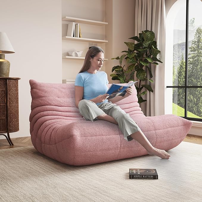 Bean Bag Chair, Oversized Loveseat Fireside Chair for Adults, 2 Seater with Memory Foam Filled, Lazy Sofa Lounge Floor Sofa for Living Room, Bedroom, Office, No Assembly Required. (Pink)