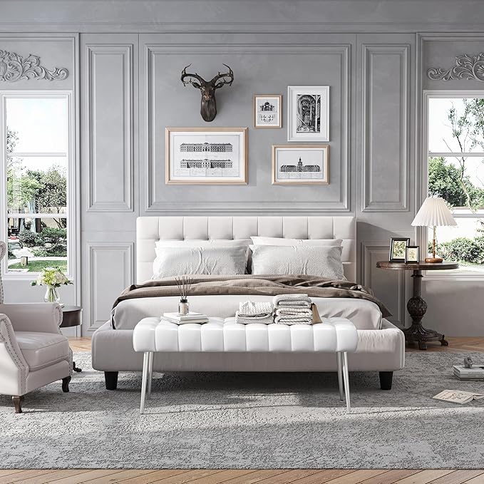 Apicizon 44.5”Ottoman Bench, Modern Faux Leather Bedroom Bench with Square Pull Point Design, Modern Cushion Ottoman Bench for Bedroom, Living Room, Entryway，White