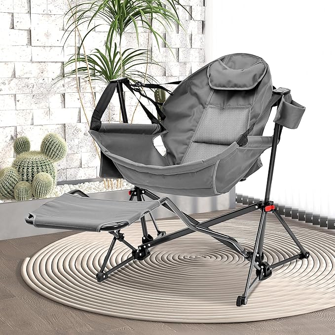 GDY Patio Camping Chairs, Oversized Hammock, Folding Rocking Chairs, Adjustable Back Swing Chairs, Cup Holder, Outdoor Beach Lawn, Gray