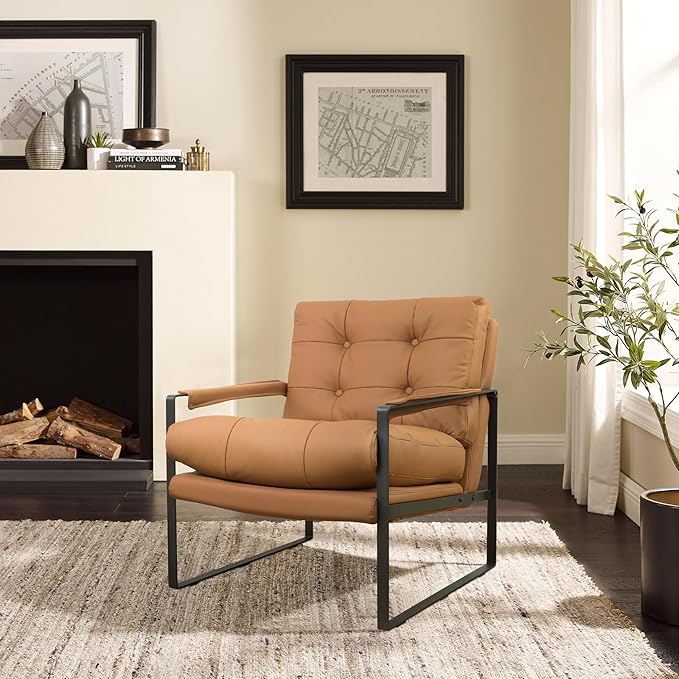 Zouron Leather Accent Chairs Set of 2, Modern Reading Chairs Single Sofa Arm Chair for Living Room Bedroom Reception Room, Khaki Button Tufted